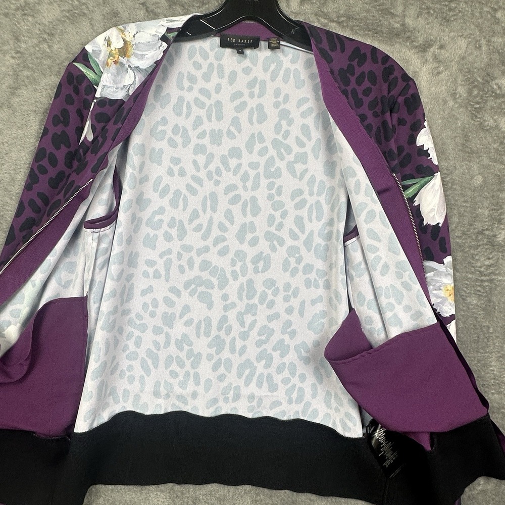 Ted Baker London Bomber Jacket Womens Size 4 Purple Magnolia Flower Animal Print - Picture 5 of 15